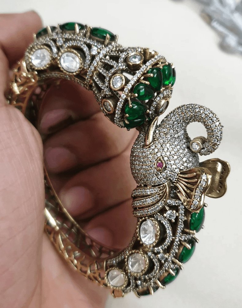 Emerald Green Ruby Kundan Elephant Kada - MR Jewels