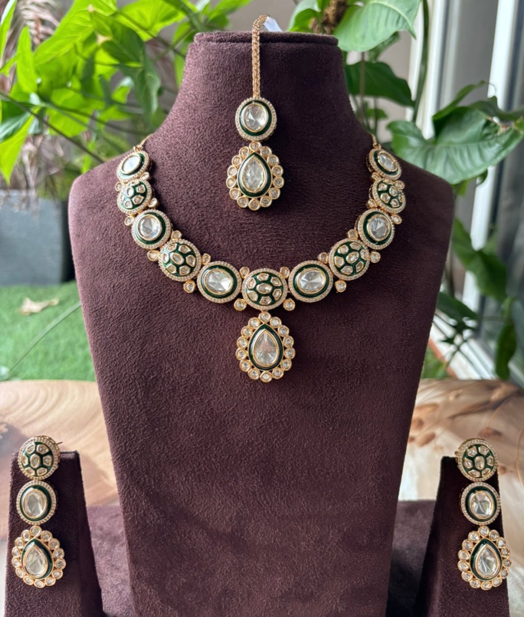 Eternal Grace Polki Necklace Set with earrings and maangtikka - MR Jewels