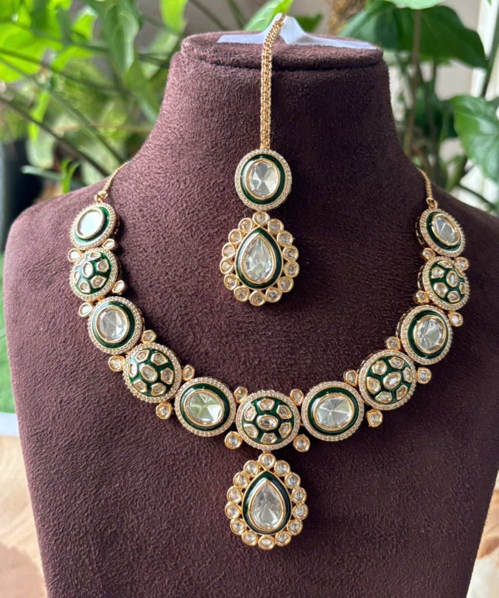 Eternal Grace Polki Necklace Set with earrings and maangtikka - MR Jewels