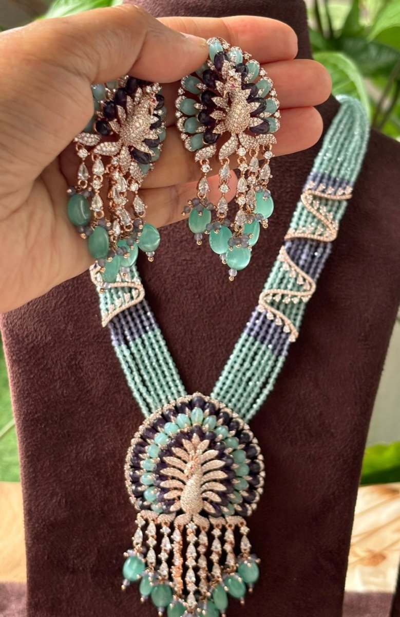 Exclusive dancing peacock long Necklace with matching earrings - MR Jewels