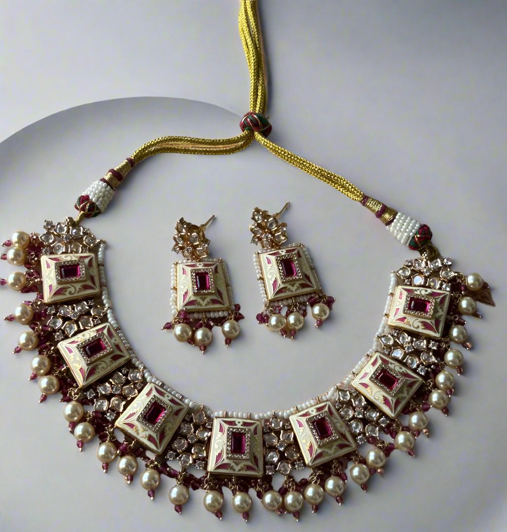 Exquisite Antique Gold plated Ruby Necklace with earrings - MR Jewels