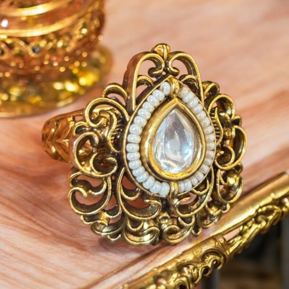 Exquisite Gold Kundan Ring with Intricate Design - MR Jewels