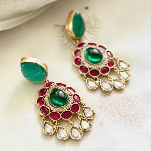 Exquisite Pink Kundan Jadau Tear Drop Floral Drop Earrings - MR Jewels