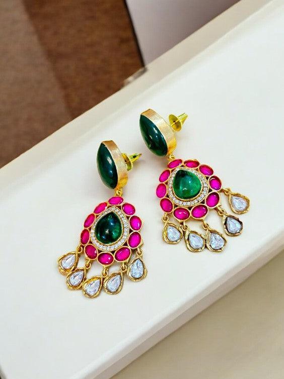 Exquisite Pink Kundan Jadau Tear Drop Floral Drop Earrings - MR Jewels