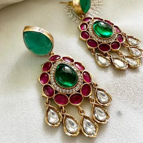 Exquisite Pink Kundan Jadau Tear Drop Floral Drop Earrings - MR Jewels