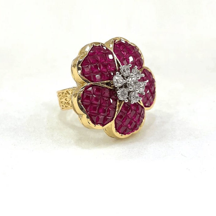 Exquisite Ruby Flower Ring with Diamond Accents - Perfect Blend of Elegance and Glamour - MR Jewels