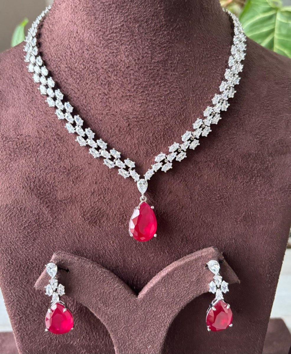 Finest Quality Ruby Diamond Necklace set - Silver Plated - MR Jewels