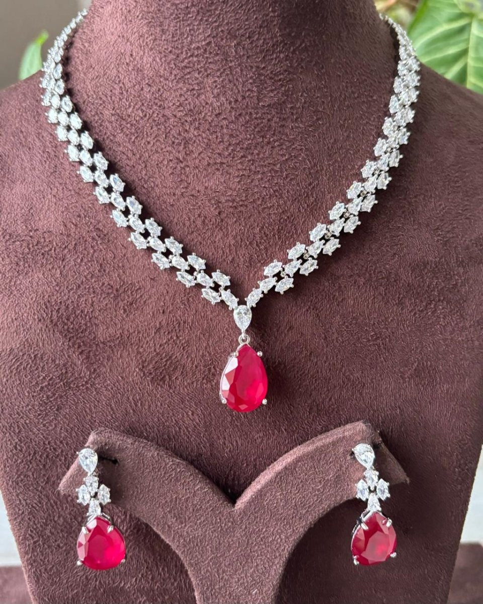 Finest Quality Ruby Diamond Necklace set - Silver Plated - MR Jewels
