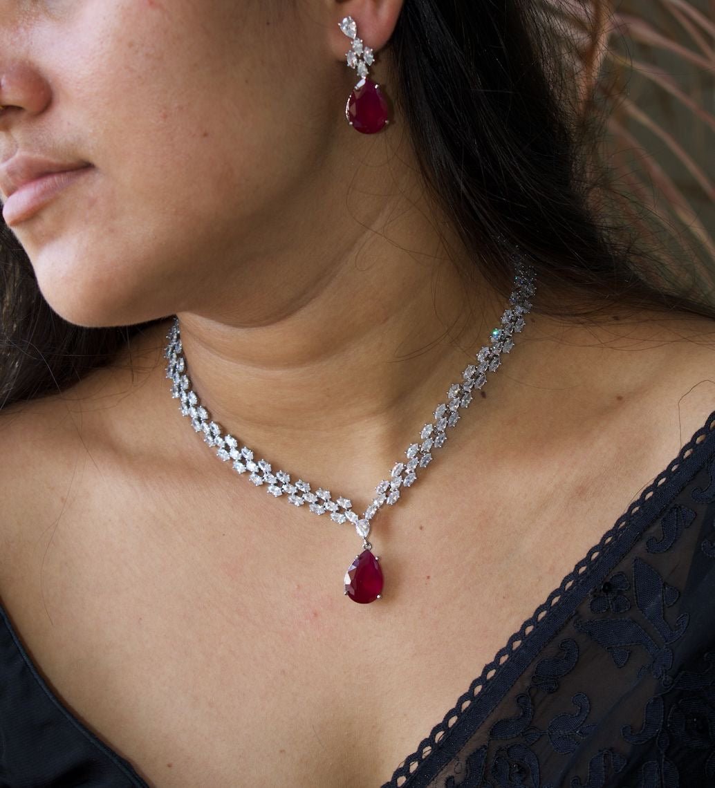 Finest Quality Ruby Diamond Necklace set - Silver Plated - MR Jewels