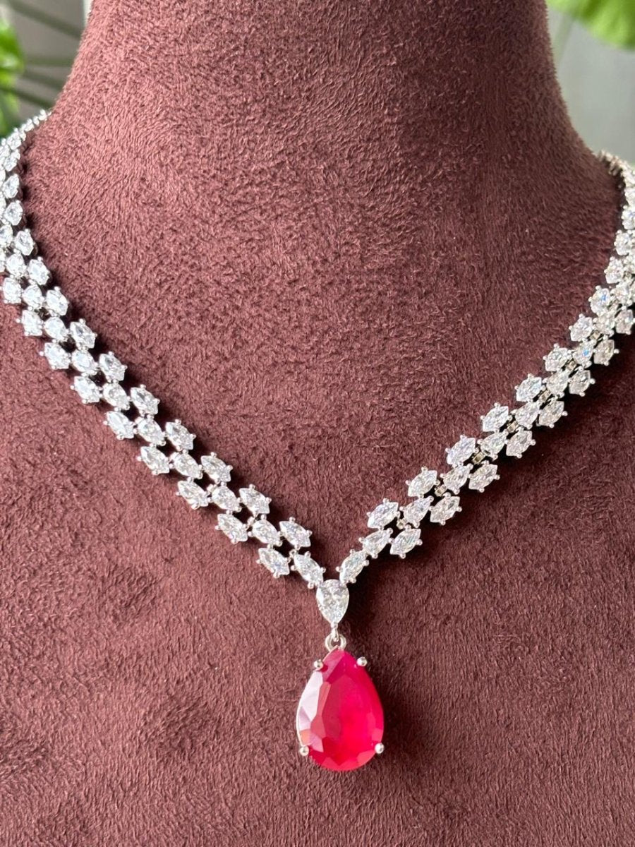 Finest Quality Ruby Diamond Necklace set - Silver Plated - MR Jewels