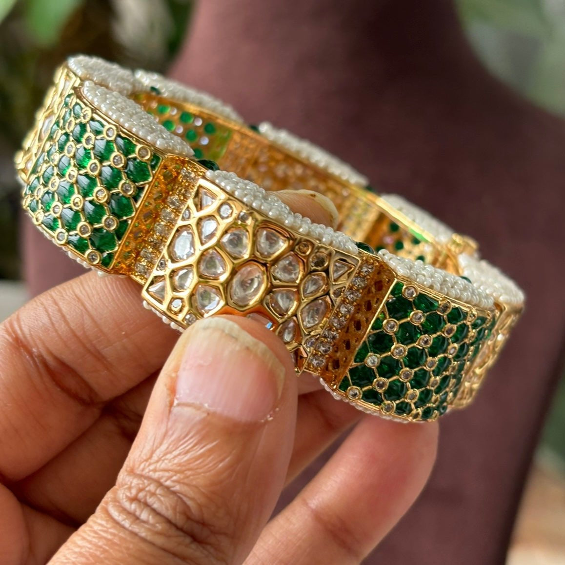 Gold Finished Green Meenakari Kadas With Kundan Polki Work - MR Jewels