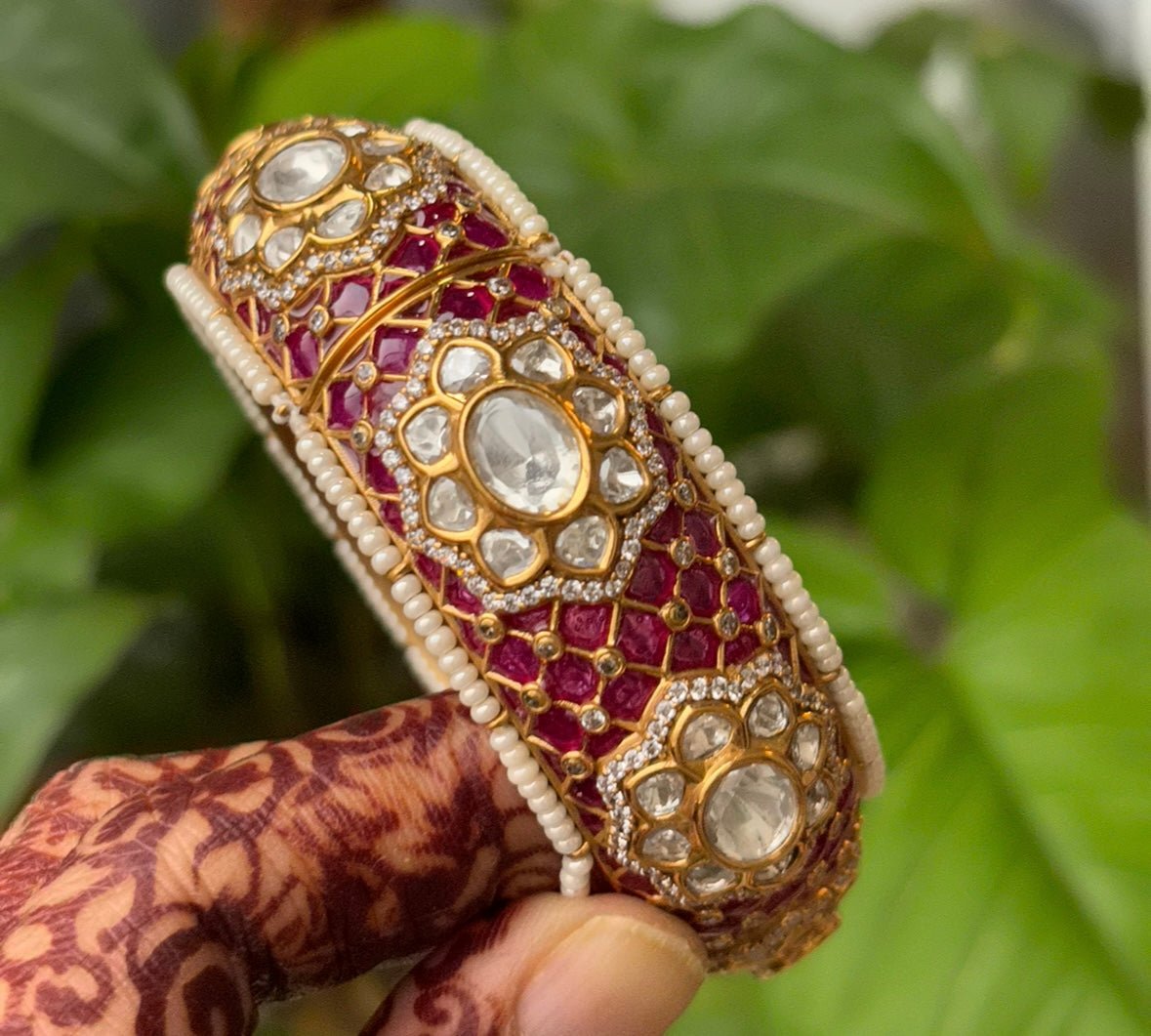 Gold Finished Kundan Polki Kada With Intricate Meenakari Work - Openable kada - MR Jewels