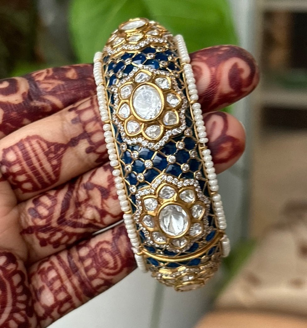 Gold Finished Kundan Polki Kada With Intricate Meenakari Work - Openable kada - MR Jewels