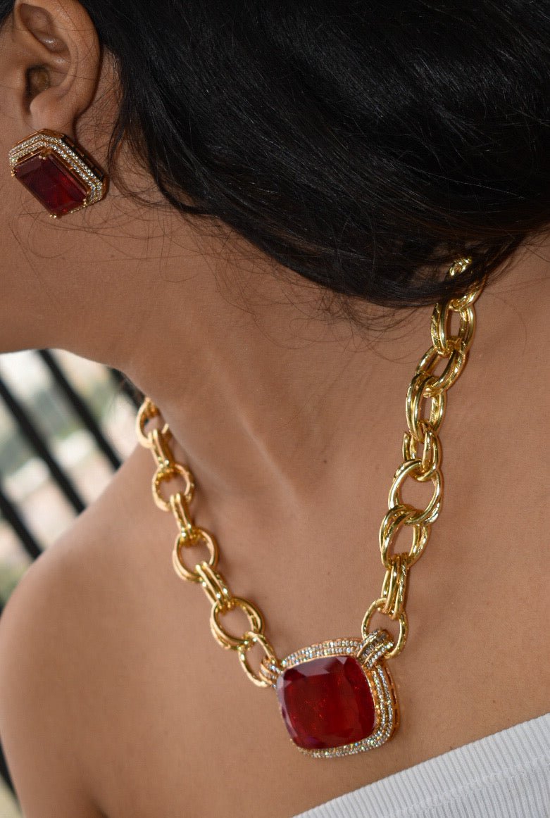 Gold link chain Doublet Emerald and ruby set with matching studs - MR Jewels