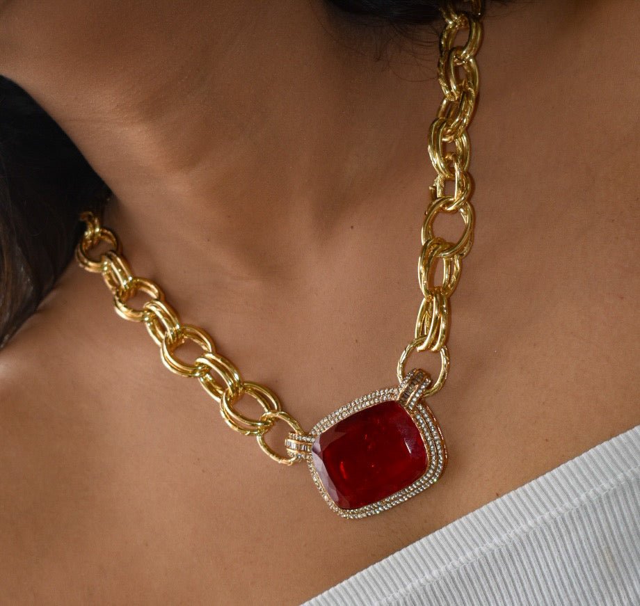 Gold link chain Doublet Emerald and ruby set with matching studs - MR Jewels