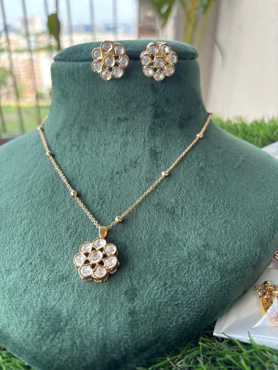 Gold Necklace and Earrings Set with Floral Crystal Pendant - MR Jewels