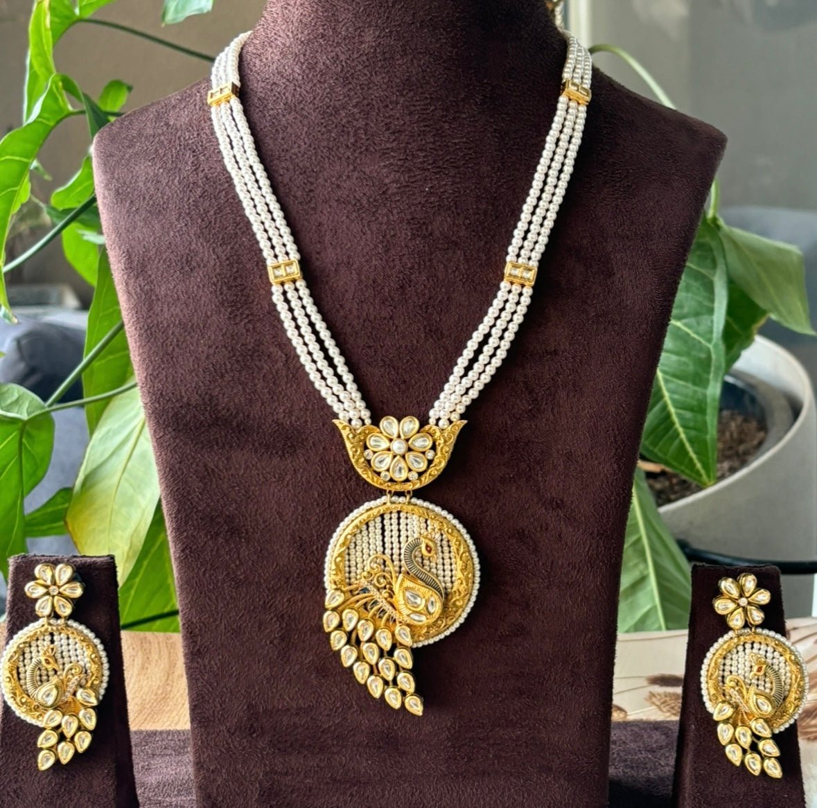 Gold Plated Long Kundan Necklace set - Peacock - MR Jewels