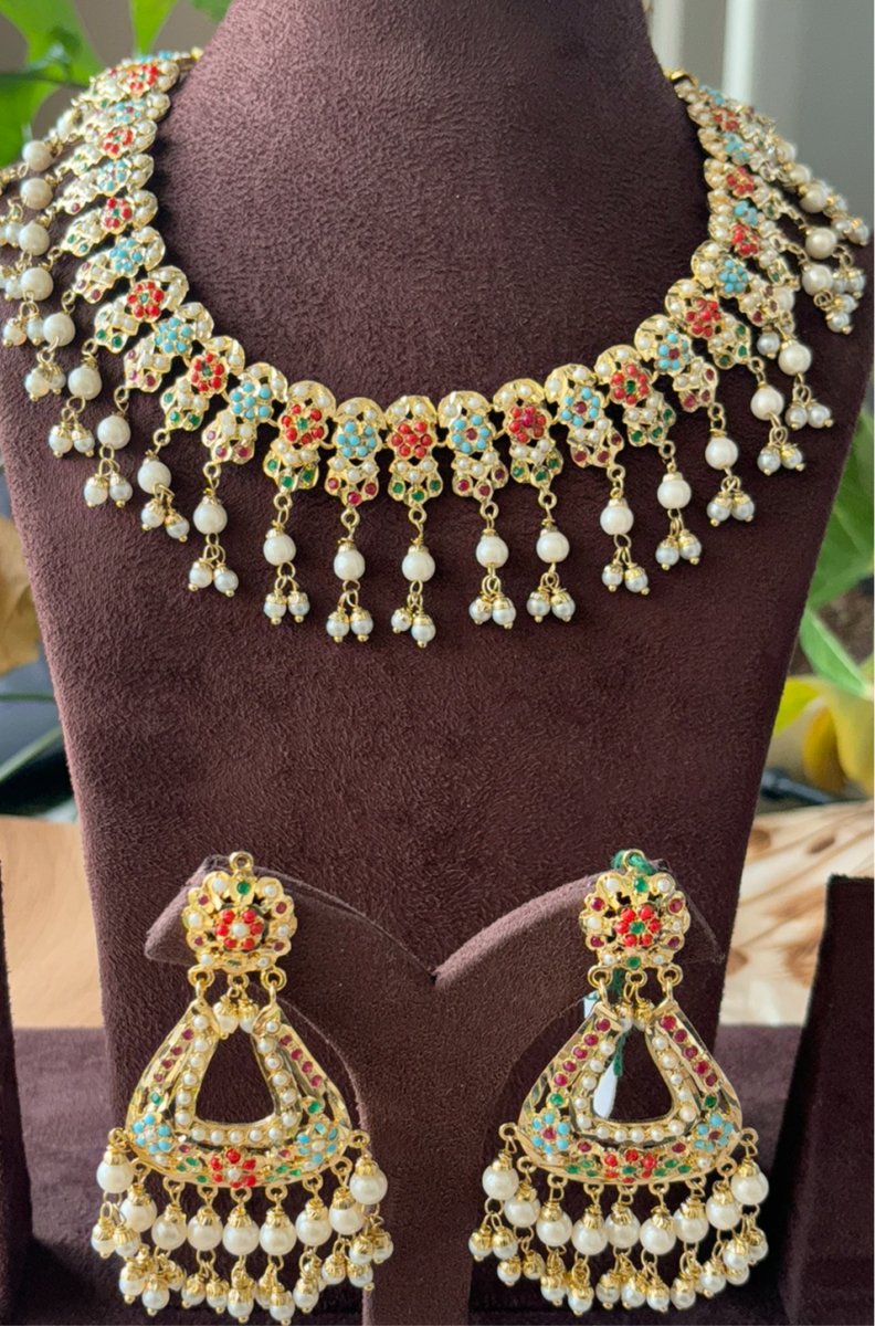 Gold Plated Navrattan Jadau Jewellery Set - MR Jewels