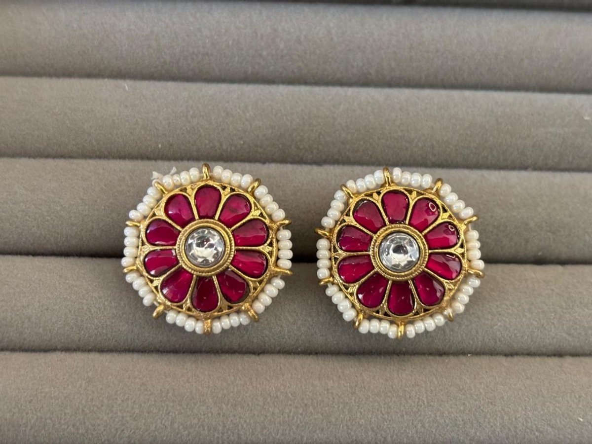 Gold Plated Ruby Stone Stud Earrings - MR Jewels