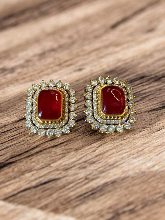 Gold - Plated Square Stone Earrings with Crystal Surround - MR Jewels