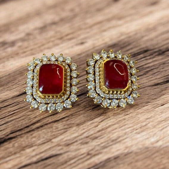 Gold - Plated Square Stone Earrings with Crystal Surround - MR Jewels
