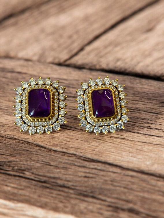 Gold - Plated Square Stone Earrings with Crystal Surround - MR Jewels