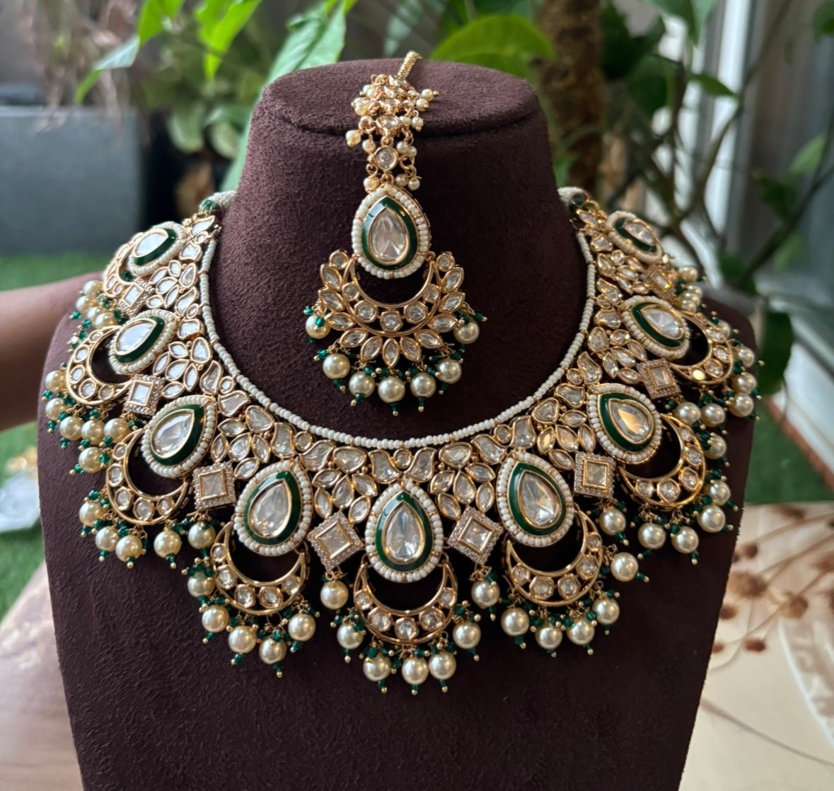 Grand Kundan Pearl Emerald Necklace Set with Maangtikka - Micron Gold plated - MR Jewels