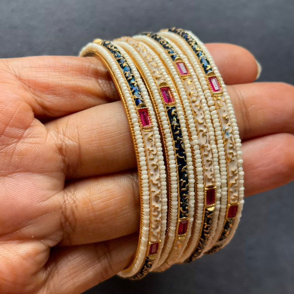 Heritage Charm Enamel Pearl Bangles - Set of 4 - MR Jewels