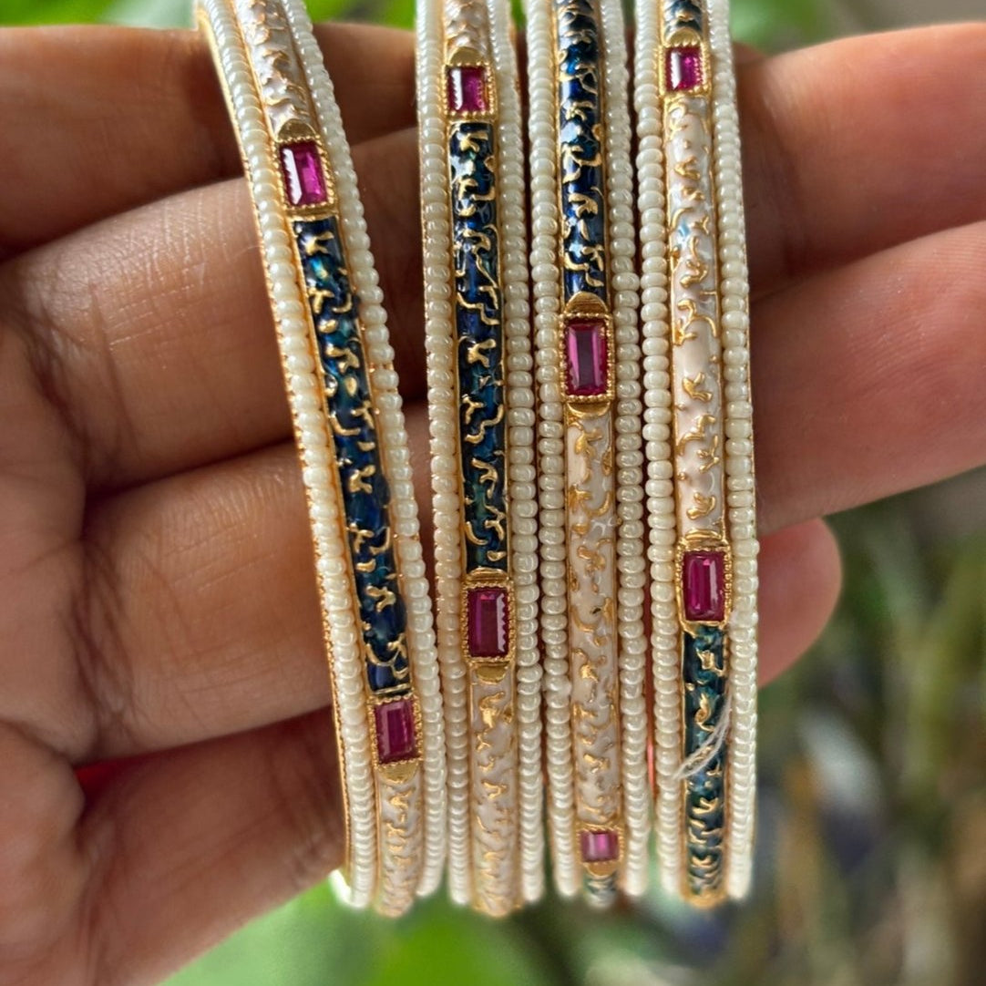 Heritage Charm Enamel Pearl Bangles - Set of 4 - MR Jewels
