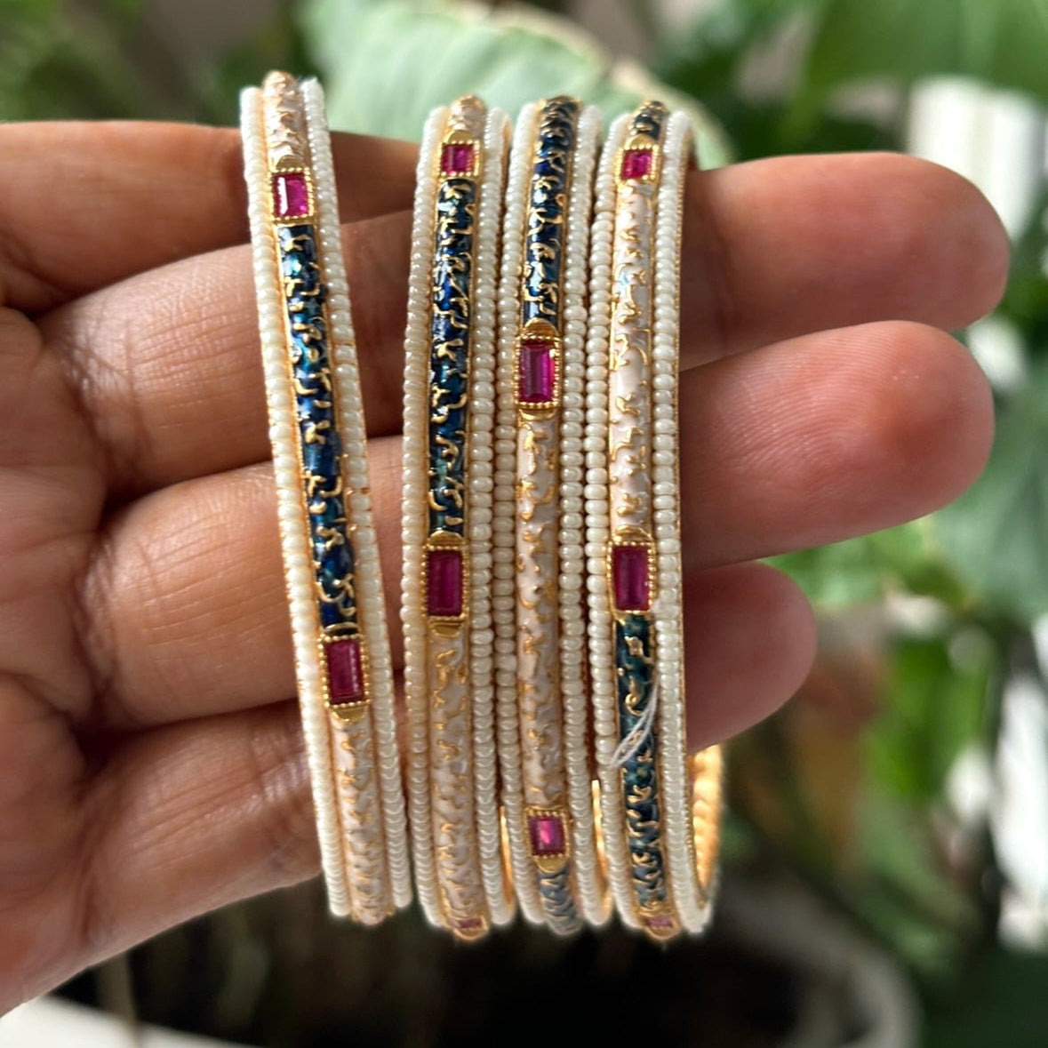 Heritage Charm Enamel Pearl Bangles - Set of 4 - MR Jewels