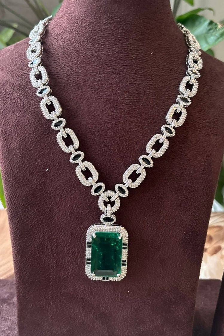 Iced CZ Chain Green Doublet Pendant with matching earrings - MR Jewels