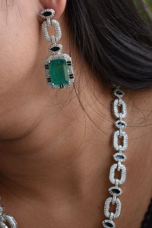 Iced CZ Chain Green Doublet Pendant with matching earrings - MR Jewels