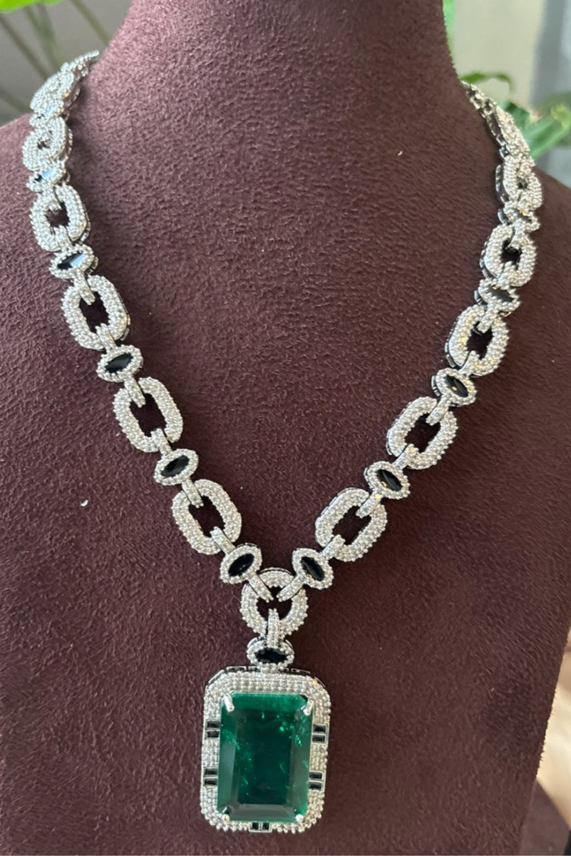 Iced CZ Chain Green Doublet Pendant with matching earrings - MR Jewels