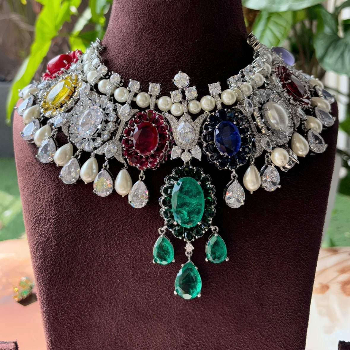 Isha ambani inspired multi gem necklace set with premium stones