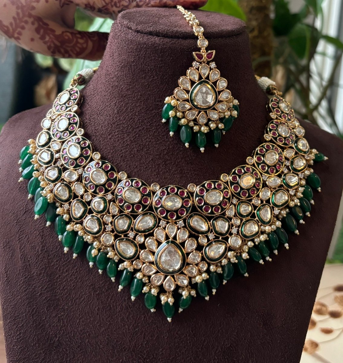 Jadau Polki Kundan Meenakari Bridal Necklace Set with maangtikka and earrings - MR Jewels