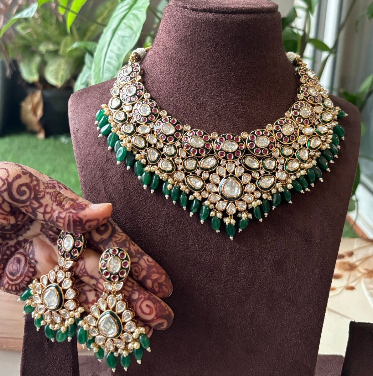 Jadau Polki Kundan Meenakari Bridal Necklace Set with maangtikka and earrings - MR Jewels