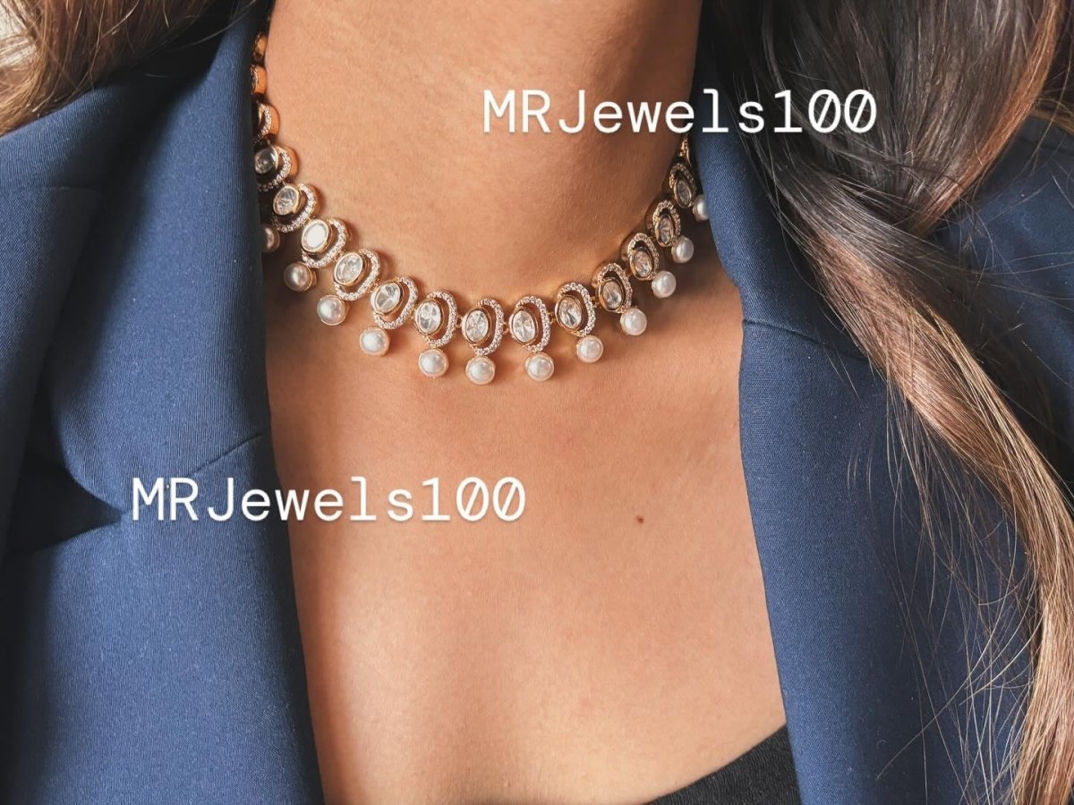 Kundan and Pearl Choker Necklace and Earrings - MR Jewels