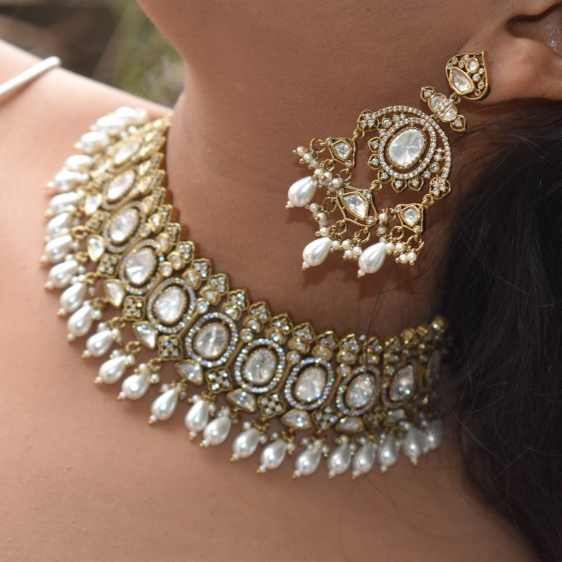 Kundan necklace set with Pearl Drop and matching earrings and maangtikka - MR Jewels