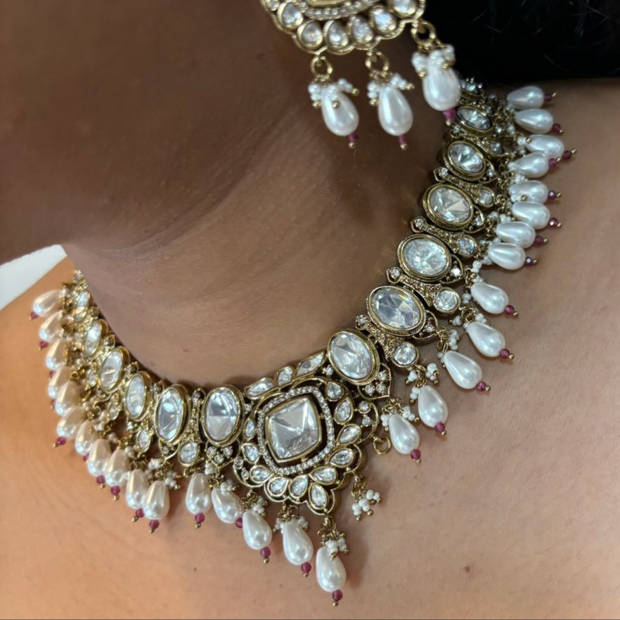 Kundan Polki Necklace Set with Earrings and MangTikka - MR Jewels