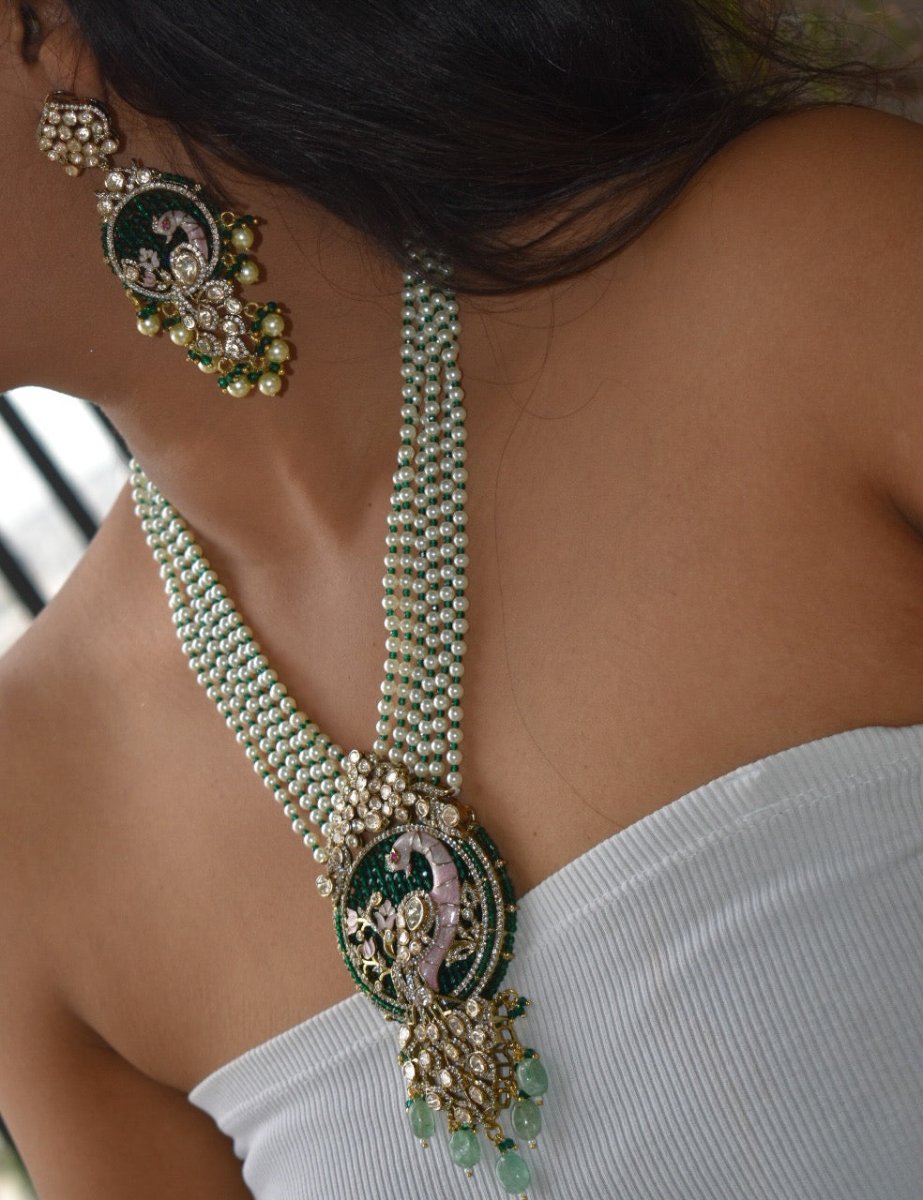 Long Pearl Peacock Destination Wedding necklace with matching earrings - MR Jewels