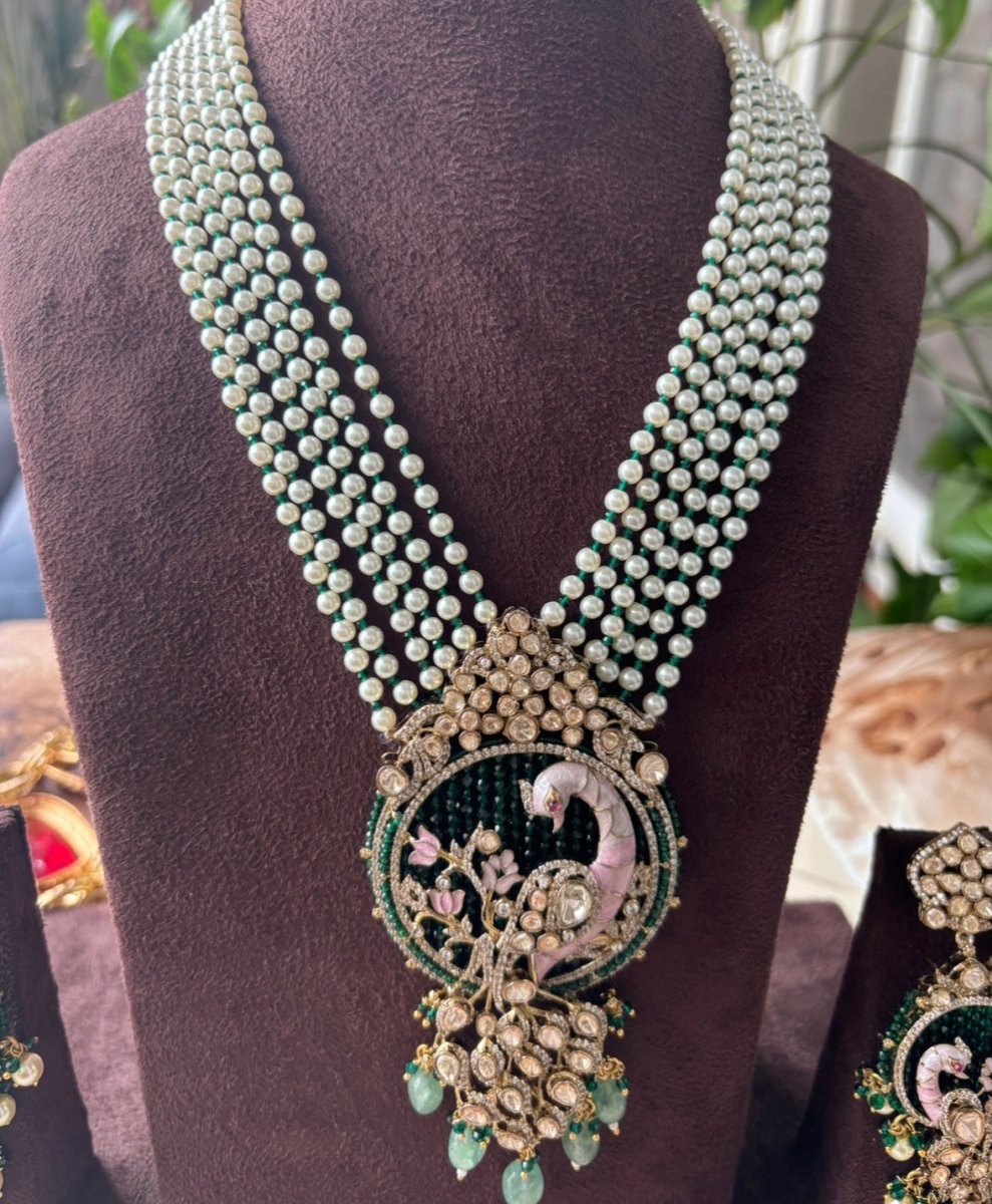 Long Pearl Peacock Destination Wedding necklace with matching earrings - MR Jewels