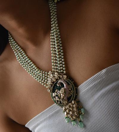 Long Pearl Peacock Destination Wedding necklace with matching earrings - MR Jewels