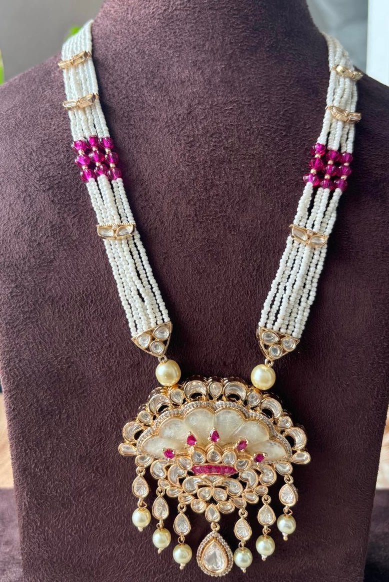 Long Ranihar Necklace Set in Mother of Pearl with Lovely Earrings - MR Jewels