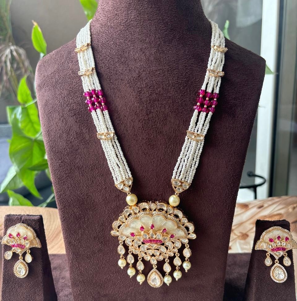 Long Ranihar Necklace Set in Mother of Pearl with Lovely Earrings - MR Jewels