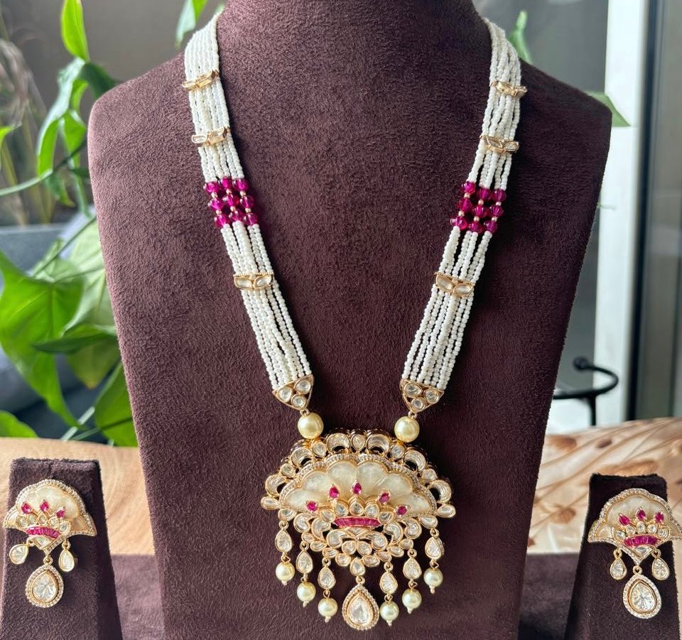 Long Ranihar Necklace Set in Mother of Pearl with Lovely Earrings - MR Jewels