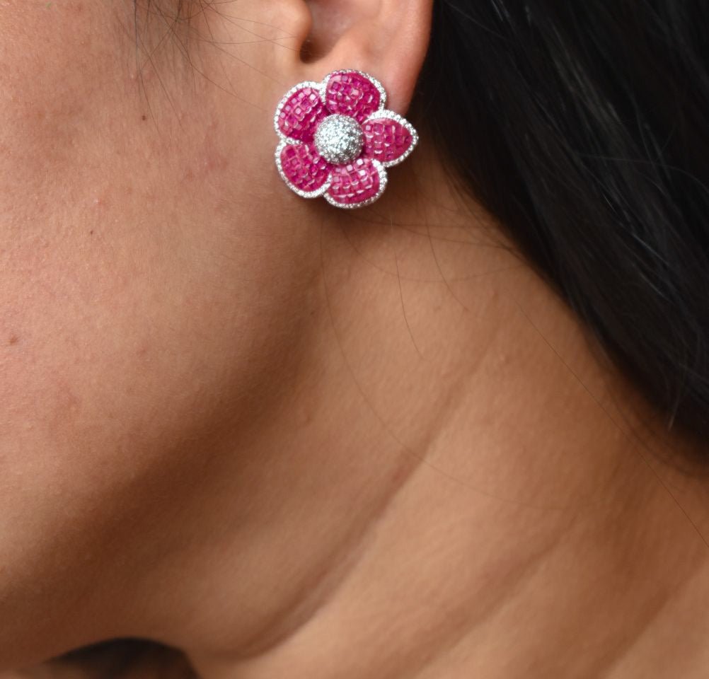 Lovely Ruby Flower Earrings Invisible Settings - MR Jewels