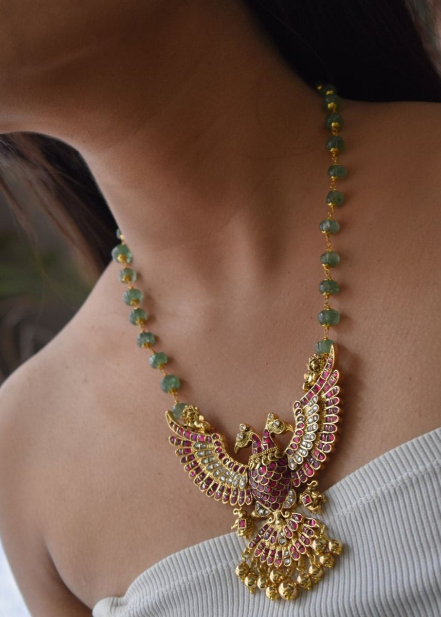 Luxe Sovereign Eagle Jadau Pachi kundan Pendant with Pumpkin Beads - MR Jewels