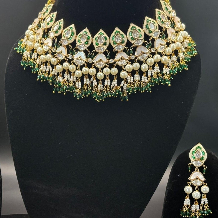 Luxurious Green and Gold Meenakari Choker Necklace Set with Matching Earrings - MR Jewels