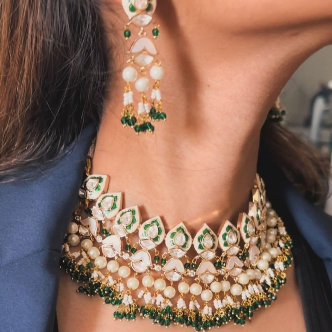 Luxurious Green and Gold Meenakari Choker Necklace Set with Matching Earrings - MR Jewels