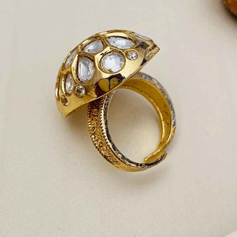 Magnificent Polki Studded Gold Plated Ring - Free size - MR Jewels